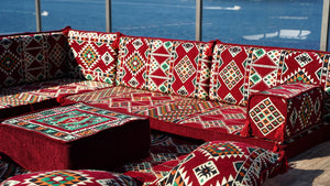Maroon Arabic Floor Couch, Burgundy Floor Cushion, 4" Thickness Corner Floor Seating Set, Garden Sofa Set