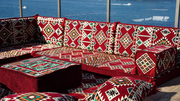 Maroon Arabic Floor Couch, Burgundy Floor Cushion, 4" Thickness Corner Floor Seating Set, Garden Sofa Set
