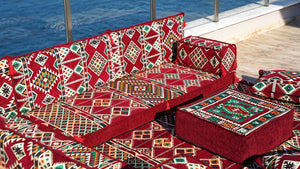 Maroon Arabic Floor Couch, Burgundy Floor Cushion, 4" Thickness Corner Floor Seating Set, Garden Sofa Set