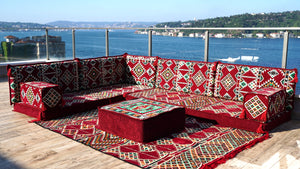Maroon Arabic Floor Couch, Burgundy Floor Cushion, 4" Thickness Corner Floor Seating Set, Garden Sofa Set