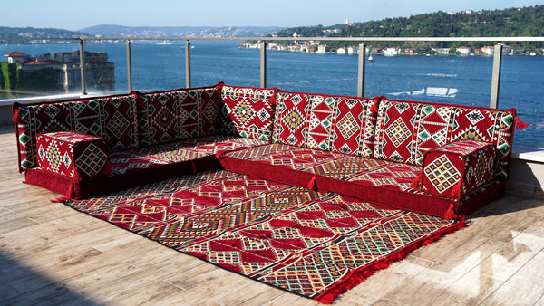 Maroon Arabic Floor Couch, Burgundy Floor Cushion, 4" Thickness Corner Floor Seating Set, Garden Sofa Set