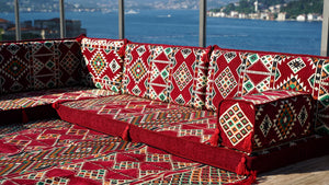 Maroon Arabic Floor Couch, Burgundy Floor Cushion, 4" Thickness Corner Floor Seating Set, Garden Sofa Set