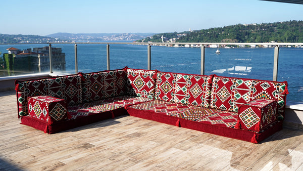 Maroon Arabic Floor Couch, Burgundy Floor Cushion, 4" Thickness Corner Floor Seating Set, Garden Sofa Set