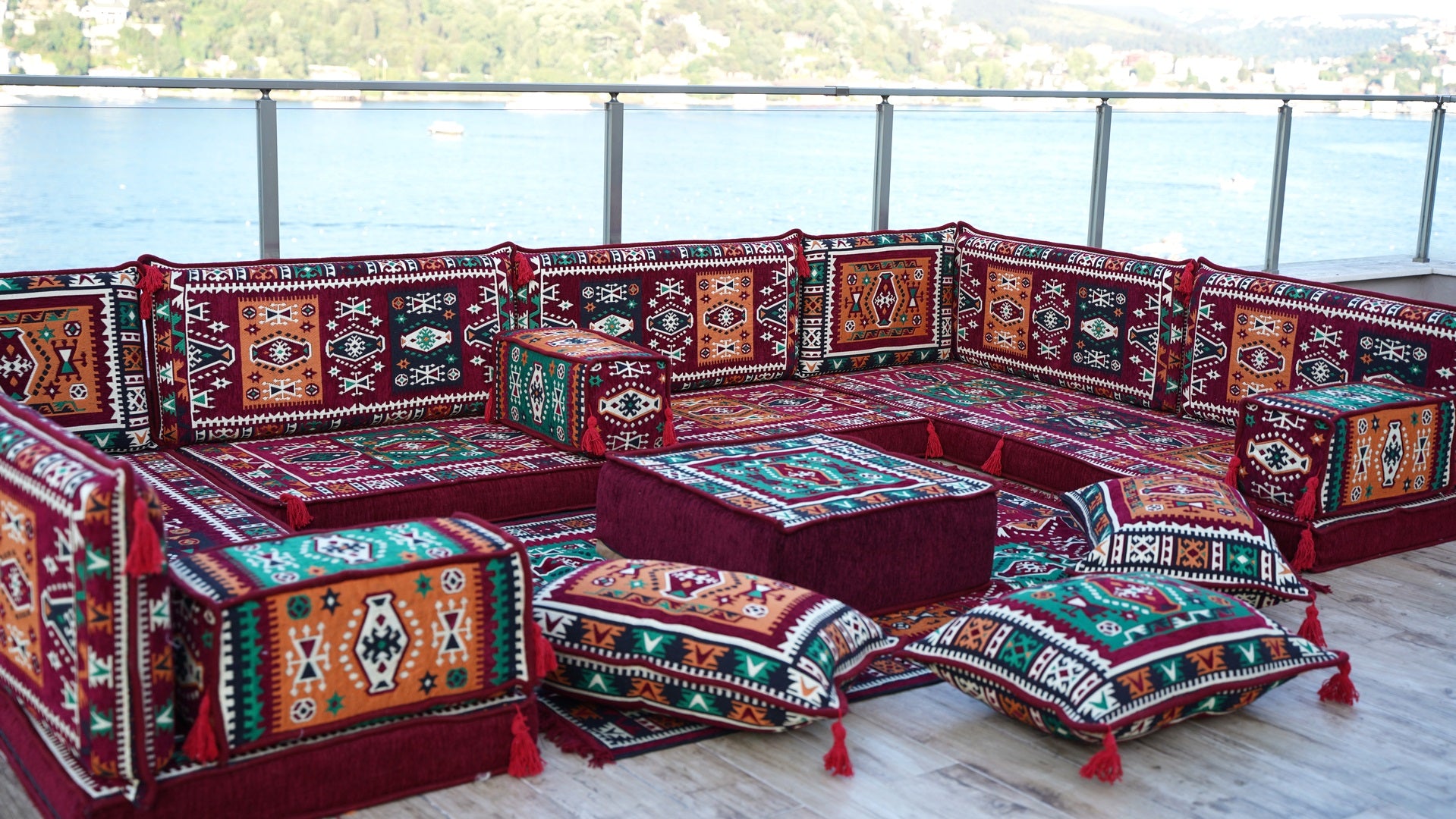 Premium U Shaped Arabic Sofa Set, Maroon Floor Cushions, Arabic Seating Floor Sofa, Backrests, Moroccan Sofas