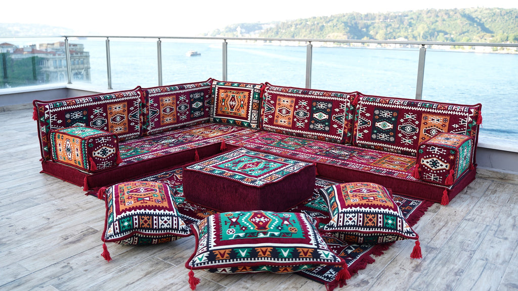 Maroon L Shaped Floor Couch, Sectional Sofa Set, Floor Pillow, Arabic Majlis, Moroccan Livingroom Cushion