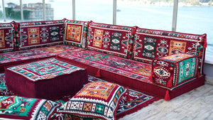 Maroon L Shaped Floor Couch, Sectional Sofa Set, Floor Pillow, Arabic Majlis, Moroccan Livingroom Cushion