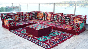 Maroon L Shaped Floor Couch, Sectional Sofa Set, Floor Pillow, Arabic Majlis, Moroccan Livingroom Cushion