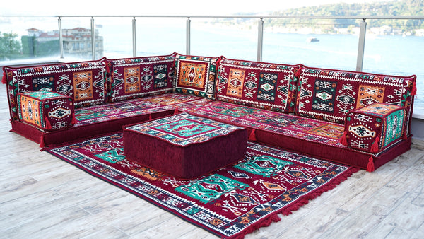 Maroon L Shaped Floor Couch, Sectional Sofa Set, Floor Pillow, Arabic Majlis, Moroccan Livingroom Cushion