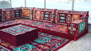 Maroon L Shaped Floor Couch, Sectional Sofa Set, Floor Pillow, Arabic Majlis, Moroccan Livingroom Cushion