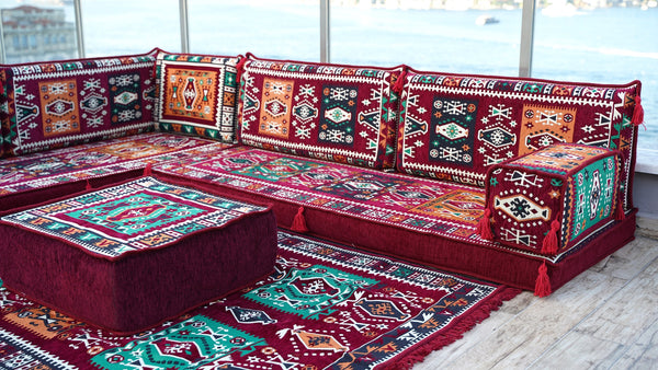Maroon L Shaped Floor Couch, Sectional Sofa Set, Floor Pillow, Arabic Majlis, Moroccan Livingroom Cushion