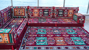Maroon L Shaped Floor Couch, Sectional Sofa Set, Floor Pillow, Arabic Majlis, Moroccan Livingroom Cushion