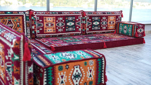 Maroon L Shaped Floor Couch, Sectional Sofa Set, Floor Pillow, Arabic Majlis, Moroccan Livingroom Cushion