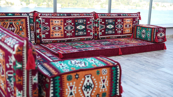 Maroon L Shaped Floor Couch, Sectional Sofa Set, Floor Pillow, Arabic Majlis, Moroccan Livingroom Cushion
