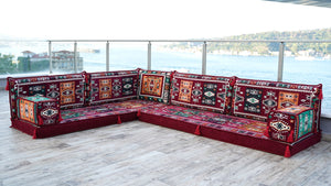 Maroon L Shaped Floor Couch, Sectional Sofa Set, Floor Pillow, Arabic Majlis, Moroccan Livingroom Cushion