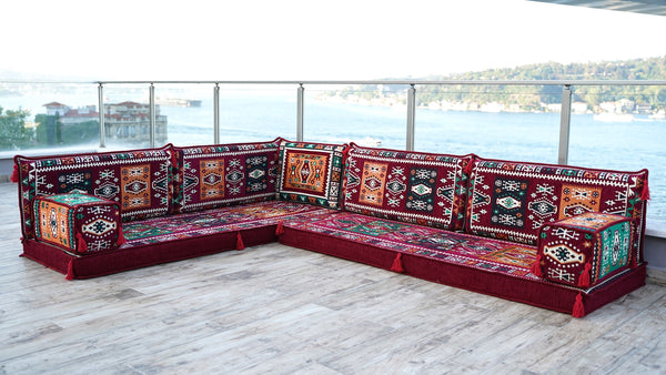 Maroon L Shaped Floor Couch, Sectional Sofa Set, Floor Pillow, Arabic Majlis, Moroccan Livingroom Cushion