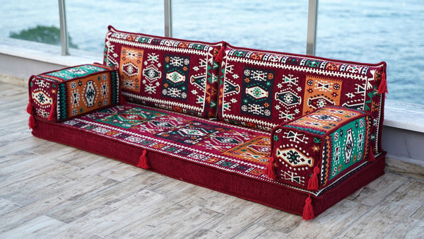 Maroon Single Floor Sofa, Arabic Majlis Set, Floor Sofa Set, Ethnic Sofa, Arabic Jalsa, Moroccan Sofa, Sectional Sofa with Ottoman Couch and Rug