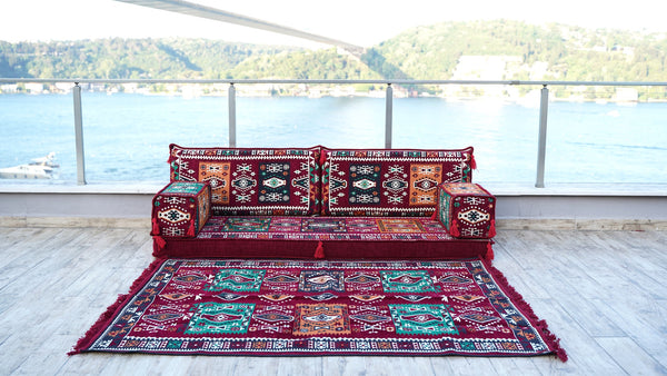 Maroon Single Floor Sofa, Arabic Majlis Set, Floor Sofa Set, Ethnic Sofa, Arabic Jalsa, Moroccan Sofa, Sectional Sofa with Ottoman Couch and Rug