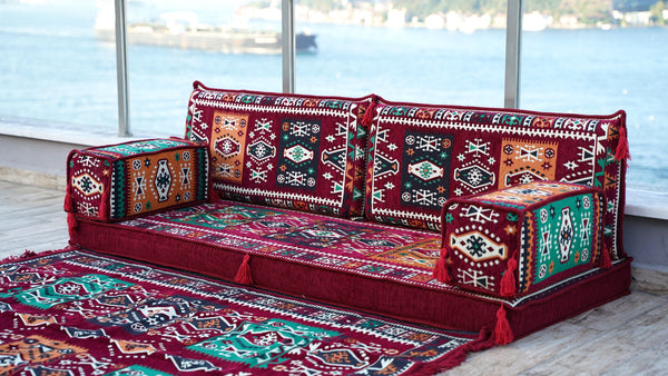 Maroon Single Floor Sofa, Arabic Majlis Set, Floor Sofa Set, Ethnic Sofa, Arabic Jalsa, Moroccan Sofa, Sectional Sofa with Ottoman Couch and Rug