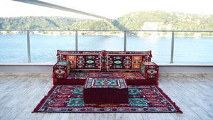 Maroon Single Floor Sofa, Arabic Majlis Set, Floor Sofa Set, Ethnic Sofa, Arabic Jalsa, Moroccan Sofa, Sectional Sofa with Ottoman Couch and Rug