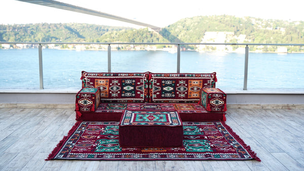 Maroon Single Floor Sofa, Arabic Majlis Set, Floor Sofa Set, Ethnic Sofa, Arabic Jalsa, Moroccan Sofa, Sectional Sofa with Ottoman Couch and Rug