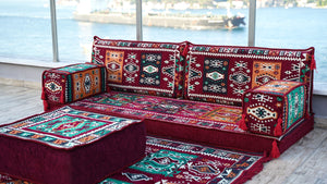 Maroon Single Floor Sofa, Arabic Majlis Set, Floor Sofa Set, Ethnic Sofa, Arabic Jalsa, Moroccan Sofa, Sectional Sofa with Ottoman Couch and Rug