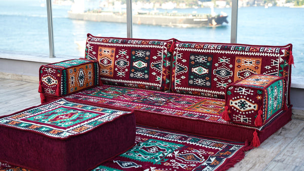 Maroon Single Floor Sofa, Arabic Majlis Set, Floor Sofa Set, Ethnic Sofa, Arabic Jalsa, Moroccan Sofa, Sectional Sofa with Ottoman Couch and Rug