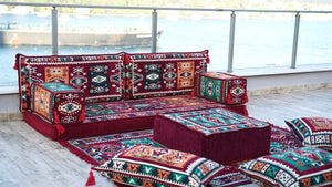 Maroon Single Floor Sofa, Arabic Majlis Set, Floor Sofa Set, Ethnic Sofa, Arabic Jalsa, Moroccan Sofa, Sectional Sofa with Ottoman Couch and Rug