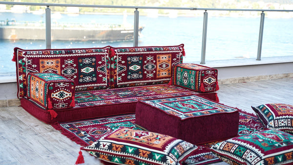 Maroon Single Floor Sofa, Arabic Majlis Set, Floor Sofa Set, Ethnic Sofa, Arabic Jalsa, Moroccan Sofa, Sectional Sofa with Ottoman Couch and Rug