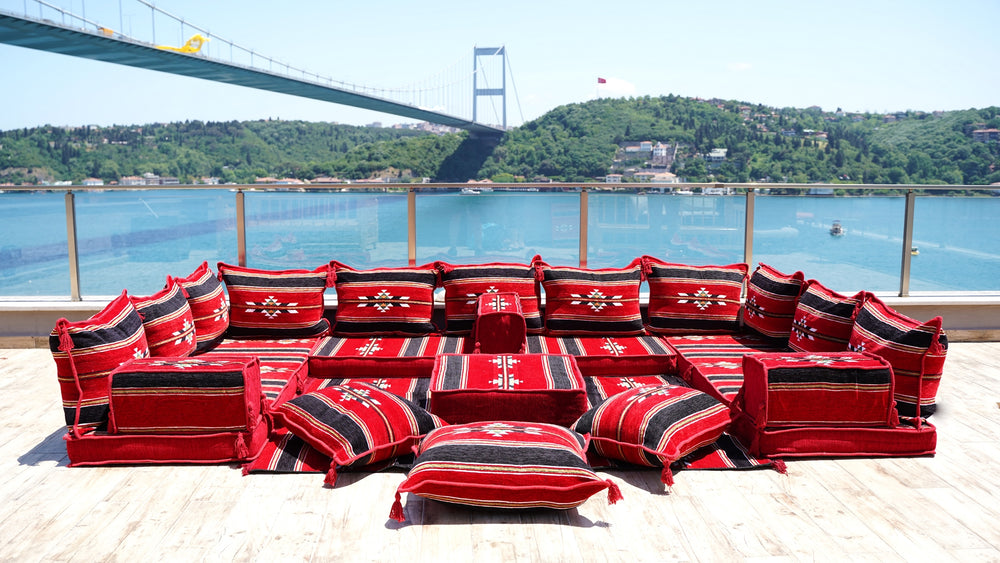 Red Corner Floor Sofa Seating Set, U Shaped Arabic Sofa Set, Oriental Floor Seating, Floor Cushions, Living Room Sofa