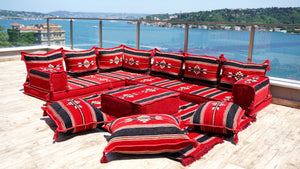 Red Floor Cushions, Floor Sofa Seating Set, L Shape Corner Arabic Sofa Set, Oriental Floor Seating, Living Room Sofa