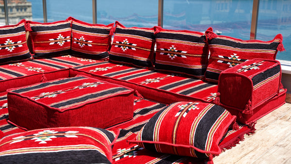Red Floor Cushions, Floor Sofa Seating Set, L Shape Corner Arabic Sofa Set, Oriental Floor Seating, Living Room Sofa