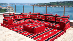 Red Floor Cushions, Floor Sofa Seating Set, L Shape Corner Arabic Sofa Set, Oriental Floor Seating, Living Room Sofa