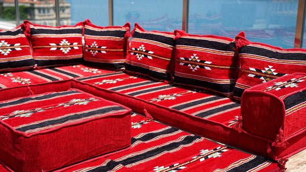 Red Floor Cushions, Floor Sofa Seating Set, L Shape Corner Arabic Sofa Set, Oriental Floor Seating, Living Room Sofa