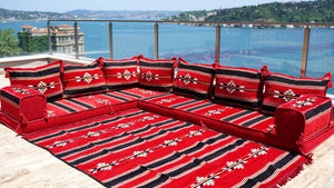 Red Floor Cushions, Floor Sofa Seating Set, L Shape Corner Arabic Sofa Set, Oriental Floor Seating, Living Room Sofa