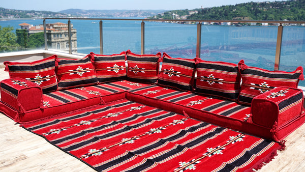 Red Floor Cushions, Floor Sofa Seating Set, L Shape Corner Arabic Sofa Set, Oriental Floor Seating, Living Room Sofa