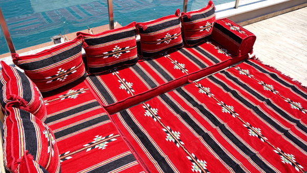 Red Floor Cushions, Floor Sofa Seating Set, L Shape Corner Arabic Sofa Set, Oriental Floor Seating, Living Room Sofa