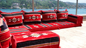 Red Floor Cushions, Floor Sofa Seating Set, L Shape Corner Arabic Sofa Set, Oriental Floor Seating, Living Room Sofa