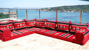 Red Floor Cushions, Floor Sofa Seating Set, L Shape Corner Arabic Sofa Set, Oriental Floor Seating, Living Room Sofa
