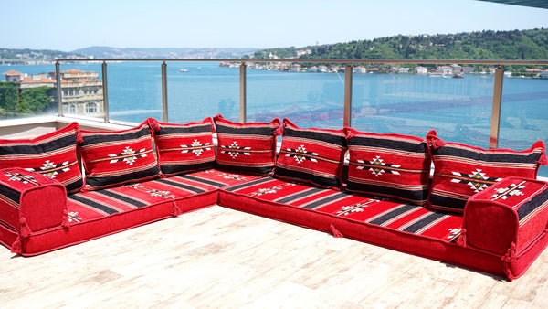 Red Floor Cushions, Floor Sofa Seating Set, L Shape Corner Arabic Sofa Set, Oriental Floor Seating, Living Room Sofa