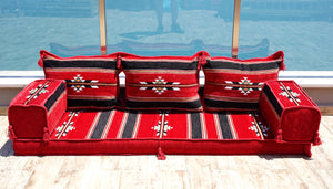 Red Arabic Majlis, Arabic Floor Couch, Reading Loveseats, 4" Thickness Floor Seating Set, Single Sofa Sets, Moroccan Cushion, Ethnic Floor Cushion, Sofa Bed