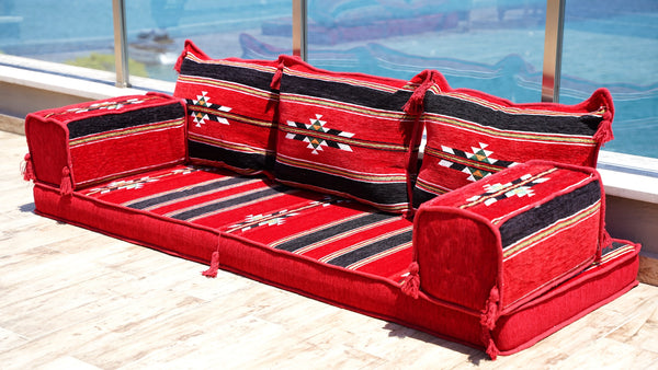 Red Arabic Majlis, Arabic Floor Couch, Reading Loveseats, 4" Thickness Floor Seating Set, Single Sofa Sets, Moroccan Cushion, Ethnic Floor Cushion, Sofa Bed