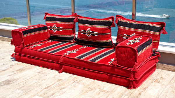Red Arabic Majlis, Arabic Floor Couch, Reading Loveseats, 4" Thickness Floor Seating Set, Single Sofa Sets, Moroccan Cushion, Ethnic Floor Cushion, Sofa Bed