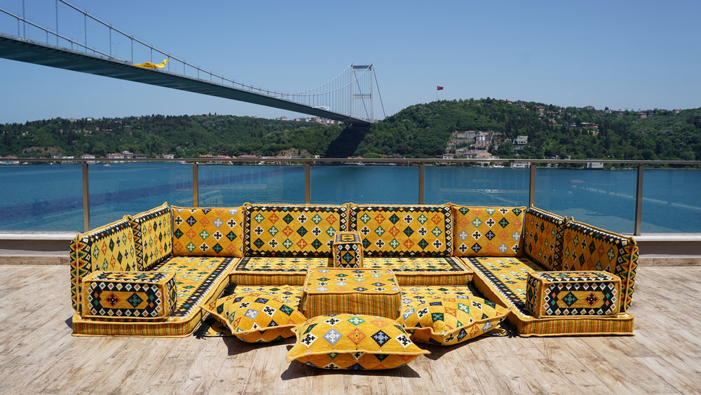 Yellow U Shaped Arabic Seating Floor Sofa, Turkish Livingroom Floor Sofa Set, Moroccan Livingroom Sofas