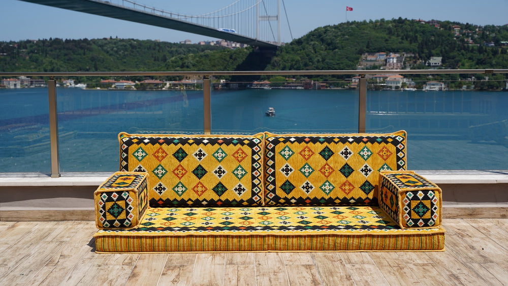 Yellow Window Sofa with Ottoman Couch and Rug, Bench Cushion, Single Sofa Sets, 8" Thickness Floor Couch, Reading Sofa Pillow, Meditation Yoga