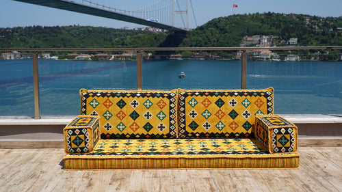 Yellow Window Sofa with Ottoman Couch and Rug, Bench Cushion, Single Sofa Sets, 8" Thickness Floor Couch, Reading Sofa Pillow, Meditation Yoga