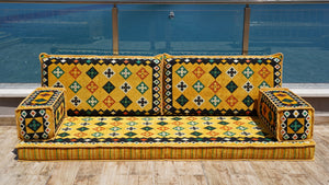 Yellow Window Sofa with Ottoman Couch and Rug, Bench Cushion, Single Sofa Sets, 8" Thickness Floor Couch, Reading Sofa Pillow, Meditation Yoga