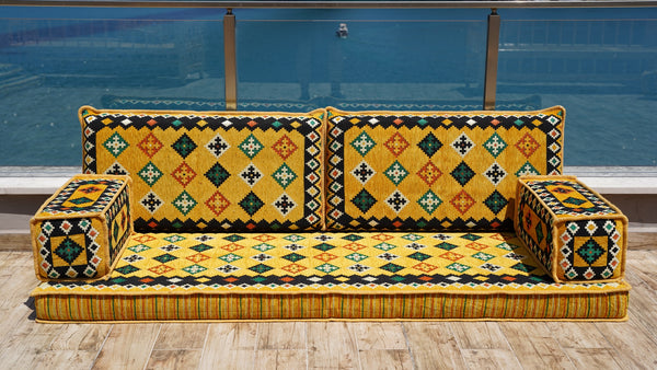 Yellow Window Sofa with Ottoman Couch and Rug, Bench Cushion, Single Sofa Sets, 8" Thickness Floor Couch, Reading Sofa Pillow, Meditation Yoga