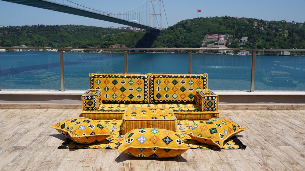 Yellow Arabic Floor Sofa, Moroccan Sofa with Ottoman Couch and Rug, Modular Cushion, Garden Sofas, Bench Cushions, Corner Sofa Set, Bohemian Furniture