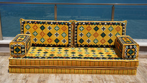 Yellow Window Sofa with Ottoman Couch and Rug, Bench Cushion, Single Sofa Sets, 8" Thickness Floor Couch, Reading Sofa Pillow, Meditation Yoga