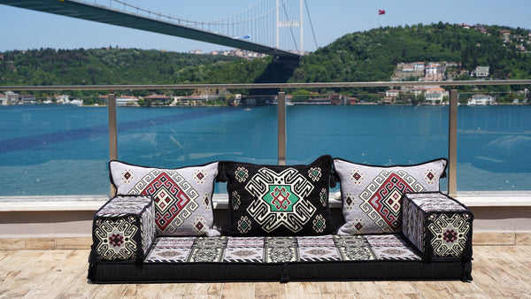 Oriental Arabic Majlis Sofa with Ottoman Couch and Rug, Traditional Cushion, Sofa Covers, Ethnic Floor Cushion, Sofa Slipcovers